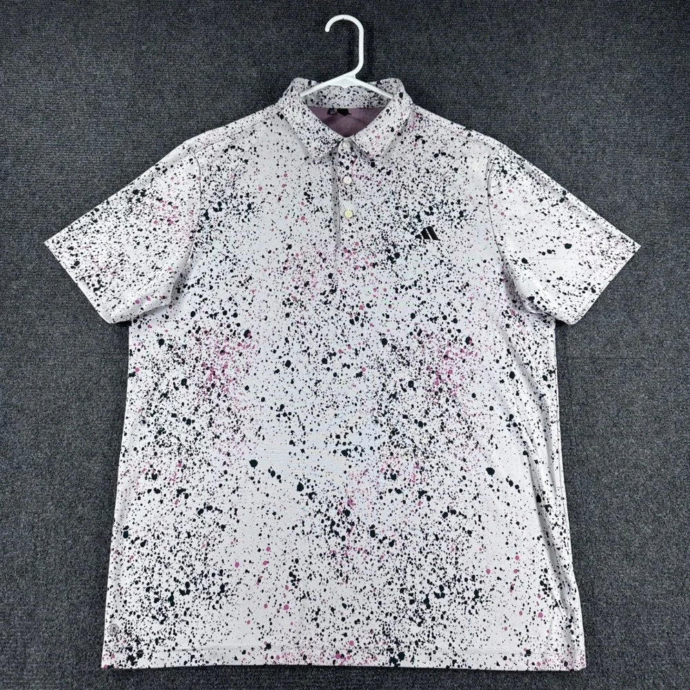 Adidas Polo Shirt Mens L Large White Paint Splatter Pink Black Golf Casual